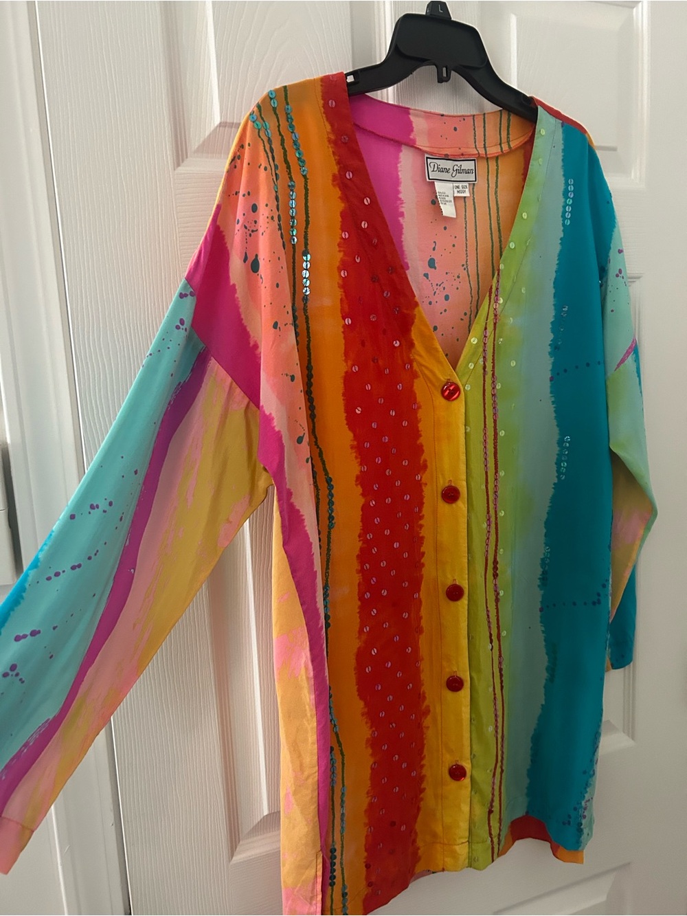 Diane Gilman Multicolor Silk V-Neck Tunic/Coverup with Sequins